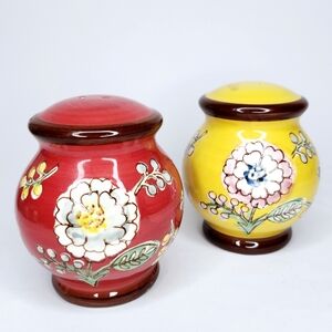 Set of 2 Pier 1 Hand Painted Floral Design Ceramic Salt and Pepper Shakers